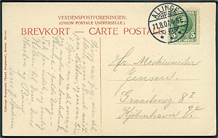 5 øre Fr. VIII på brevkort annulleret med brotype Ia Allinge d. 11.8.1907 til København.