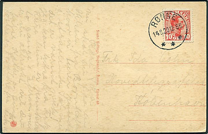 10 øre Chr. X på brevkort annulleret med brotype IIIb Rønne d. 14.6.1920 til København.