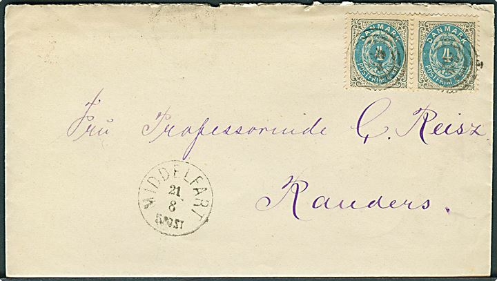 4 øre Tofarvet i parstykke på brev annulleret med nr.stempel 42 og sidestemplet lapidar Middelfart d. 21.8.1879 til Randers.