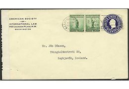 Amerikansk 3 cents helsagskuvert opfrankeret med 2 cents fra Washington D.C. d. 28.11.1942 til Reykjavik, Island. Åbnet af amerikansk censur No. 6738.