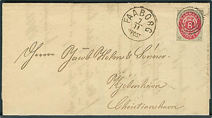 8 øre Tofarvet på brev annulleret med nr.stempel 15 og sidestemplet lapidar Faaborg d. 7.11.1875 til Kjøbenhavn.