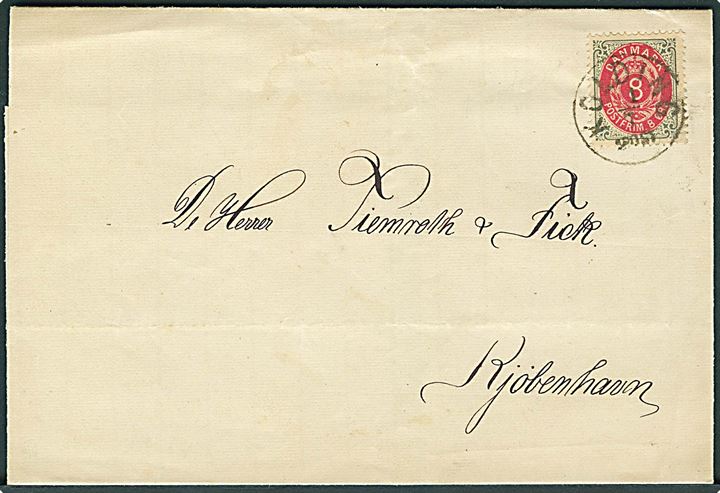 8 øre Tofarvet på brev annulleret med lapidar Kolding d. 1.7.1877 til Kjøbenhavn.
