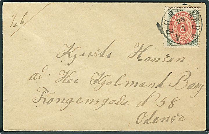 8 øre Tofarvet 38. tryk på brev annulleret med lapidar Nørre Aaby d. 28.7.1885 til Odense.
