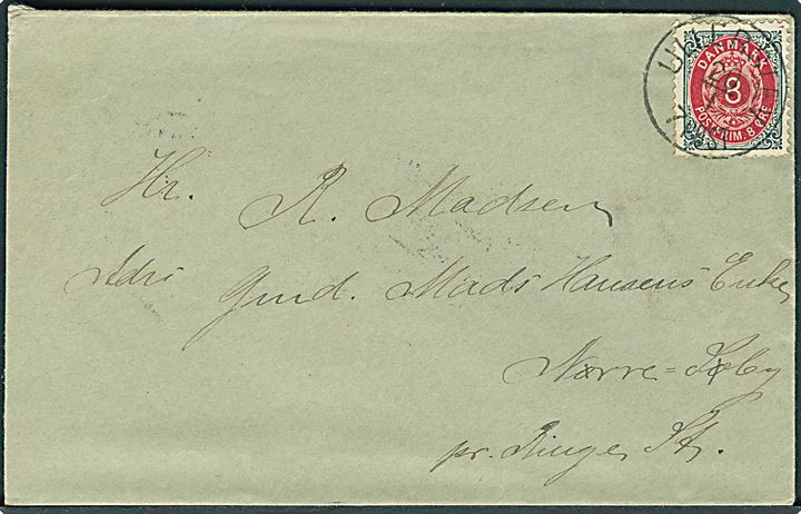 8 øre Tofarvet på brev annulleret med lapidar Ullerslev d. 20.1.1896 via Odense og Ringe til Nørre Søby.