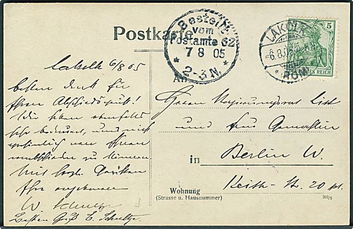 5 pfg. Germania på brevkort (Nordseebad Lakolk) stemplet Lakolk * Röm * d. 6.8.1905 til Berlin.
