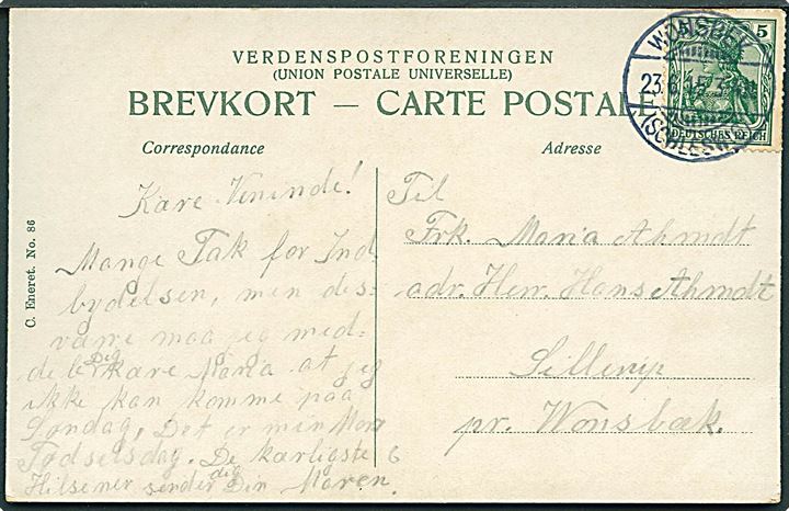 5 pfg. Germania på brevkort stemplet Wonsbek (Schleswig) d. 23.6.1911 til Sillerup pr. Wonsbek.