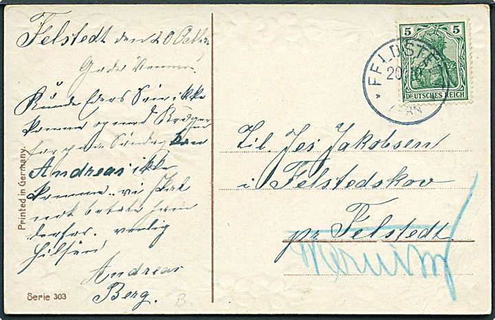 5 pfg. Germania på brev annulleret med enringsstempel Feldstedt  d. 20.10.1911 til Felstedskov pr. Felsted - eftersendt.