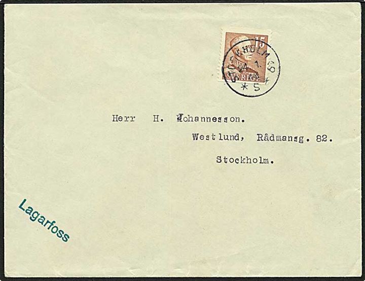 Svensk 15 öre Gustaf frankeret brev stemplet Stockholm 19 d. 24.1.1946 til Stockholm. I nederste venstre hjørne grønt islandsk skibsstempel Lagarfoss 