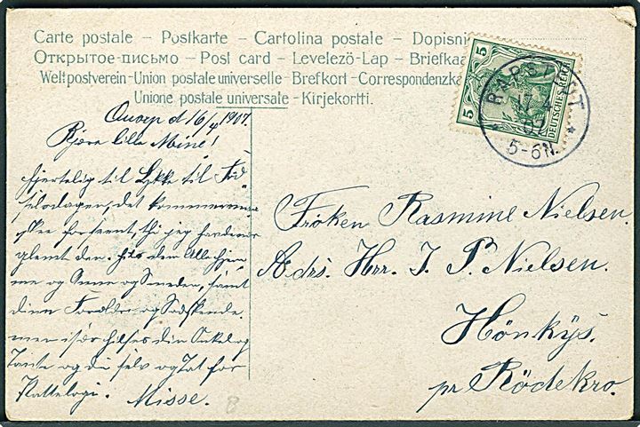5 pfg. Germania på brevkort annulleret med enringsstempel Rapstedt d. 17.4.1907 til Hönkys pr. Røde Kro.