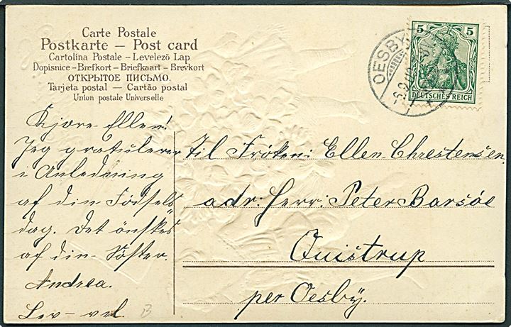 5 pfg. Germania på brevkort stemplet Oesby d. 6.9.1909 til Quistrup pr. Oesby.
