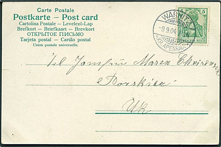 5 pfg. Germania på brevkort stemplet Warnitz *(Kr. Apenrade)* d. 9.9.1904 til Uk.
