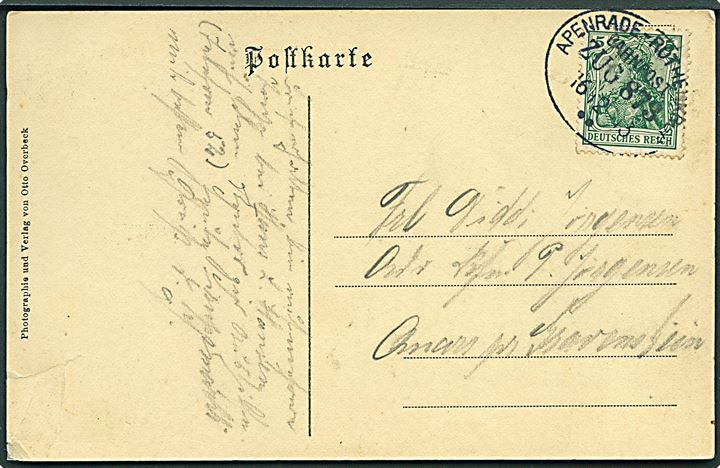 5 pfg. Germania på brevkort (hjørneskade) annulleret med bureaustempel Apenrade - Rothenkrug Bahnpost Zug 873 d. 16.2.1913 til Gravenstein.