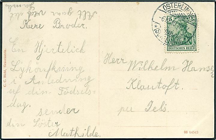 5 pfg. Germania på brevkort (Dybbøl kirke) stemplet Osterlinnet *(Schleswig)* d. 6.12.1910 til Jels.