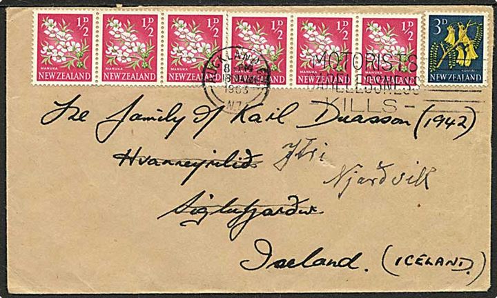 3d og ½d (6) på brev fra Auckland d. 18.1.1963 til Siglufjördur, Island. Eftersendt med transitstempel på bagsiden.