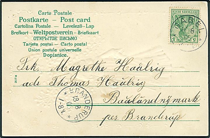 5 pfg. Germania på brevkort stemplet Gabel d. 17.8.1905 til Branderup.