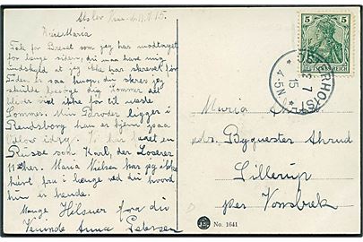5 pfg. Germania på brevkort (Gadeparti fra Øster Højst) stemplet Osterhoist d. 12.7.1915 til Sillerup pr. Vonsbek.