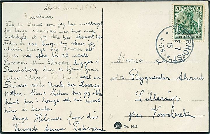 5 pfg. Germania på brevkort (Gadeparti fra Øster Højst) stemplet Osterhoist d. 12.7.1915 til Sillerup pr. Vonsbek.
