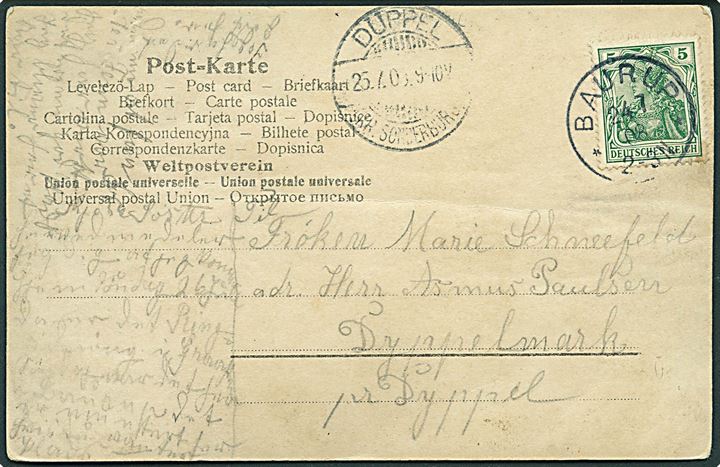 5 pfg. Germania på brevkort stemplet Baurup d. 24.7.1908 til Düppel.