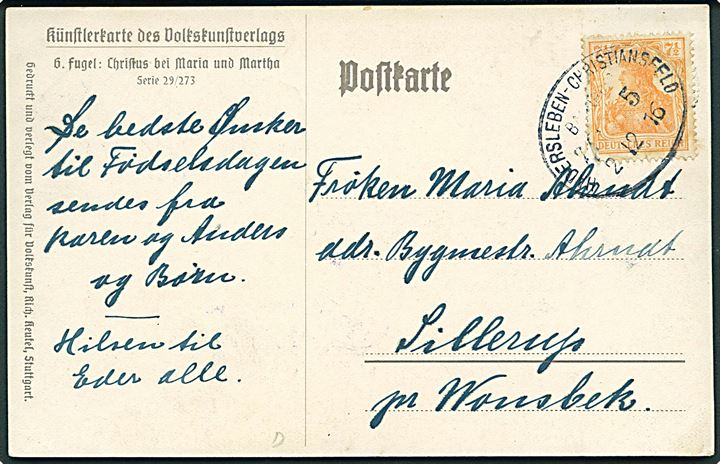 7½ pfg. Germania (hj. mgl.) på brevkort annulleret med bureaustempel Hadersleben - Christiansfeld Bahnpost Zug 5 d. 2.12.1916 til Sillerup pr. Vonsbæk.