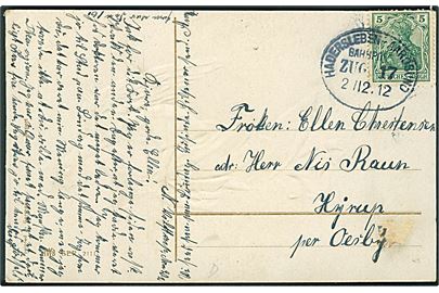 5 pfg. Germania på julekort fra Nørre Vilstrup stemplet Hadersleben - Aarösund Bahnpost Zug 17 d. 2.12.1912 til Øsby.