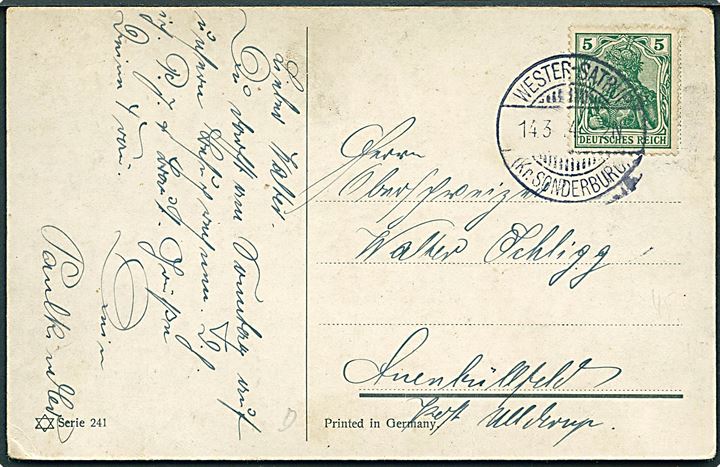 5 pfg. Germania på brevkort (Elefantjagt) stemplet Wester-Satrup (Kr. Sonderburg) d. 14.3.1914 til Ullerup.