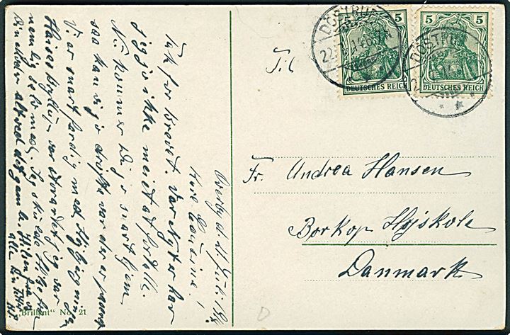 5 pfg. Germania (2) på brevkort stemplet Döstrup d. 22.7.1914 til Børkop, Danmark.