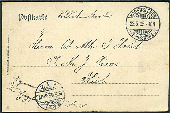 Ufrankeret soldaterbrevkort (Grænsen med vagter) stemplet Hadersleben *(Schleswig)1b d. 22.5.1905 til matros ombord på S.M. Yacht Orion, Kiel.