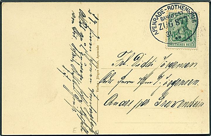 5 pfg. Germania på brevkort (Apenrade, Lensnack) annulleret med bureaustempel Apenrade - Rothenkrug Bahnpost Zug 877 d. 31.1.1914 til Gravenstein.