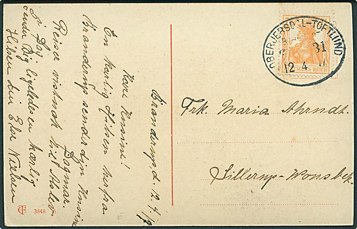 7½ pfg. Germania på brevkort dateret Bramstrup annulleret med bureaustempel Oberjersdal - Toftlund Bahnpost Zug 31 d. 12.4.1917 til Sillerup pr. Vonsbæk.