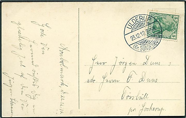 5 pfg. Germania på brevkort dateret Avnbølmark stemplet Ulderup (Kr. Sonderburg) d. 23.12.1912 til Tørsbøl pr. Hockerup.