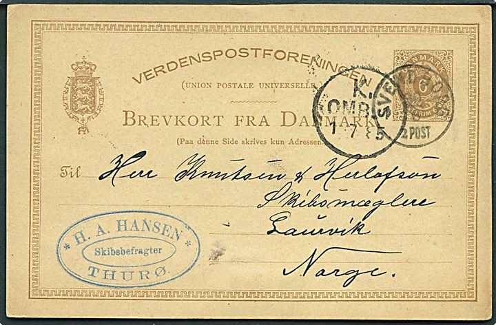 6 øre helsagsbrevkort fra Thurø annulleret med lapidar Svendborg d. 30.6.1885 via København til Laurvik, Norge.