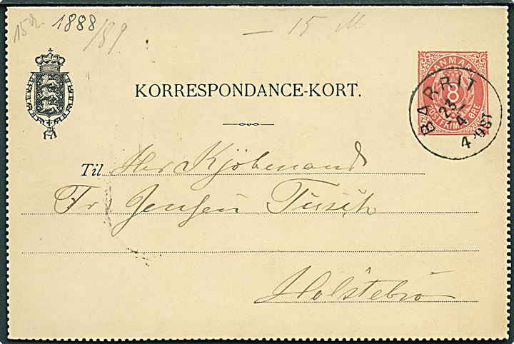 8 øre helsags korrespondancekort annulleret med lapidar Barrit d. 23.4.1889 til Holstebro.