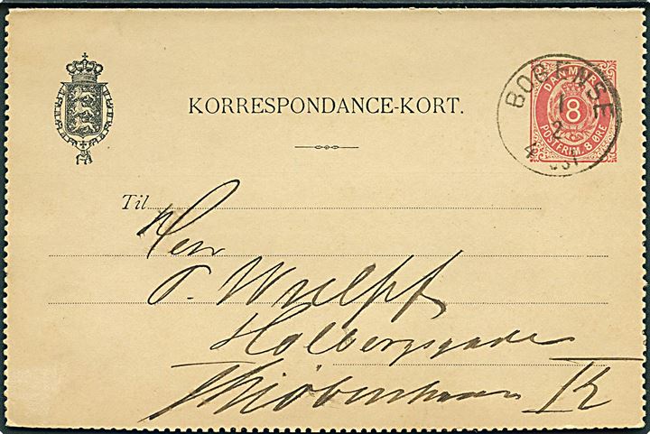 8 øre helsags korrespondancekort annulleret med lapidar Bogense d. 1.2.1889 til København.