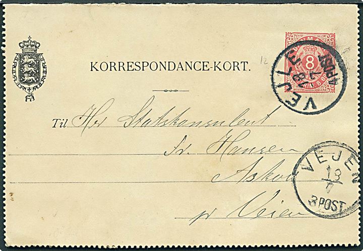 8 øre helsags korrespondancekort annulleret med lapidar Vejle d. 18.7.1896 til Askov pr. Vejen.