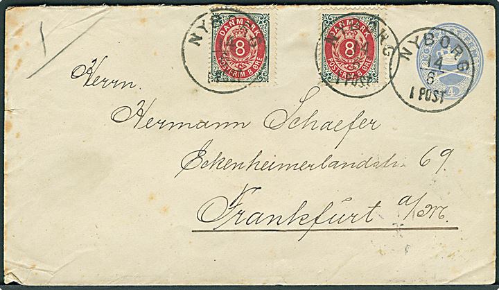 4 øre helsagskuvert opfrankeret med 8 øre Tofarvet (2) annulleret med lapidar Nyborg d. 14.6.1890 til Frankfurt, Tyskland. 