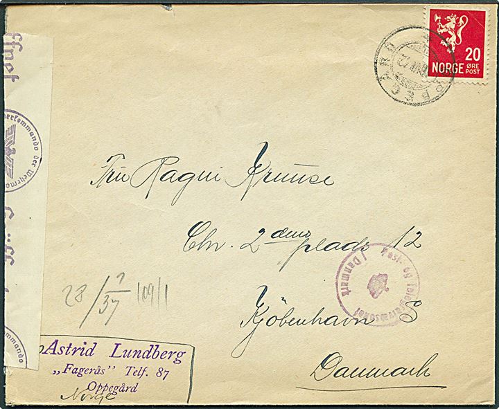 20 øre Løve på brev fra Oppegård d. 16.6.1942 til København, Danmark. Åbnet af tysk censur i Oslo.