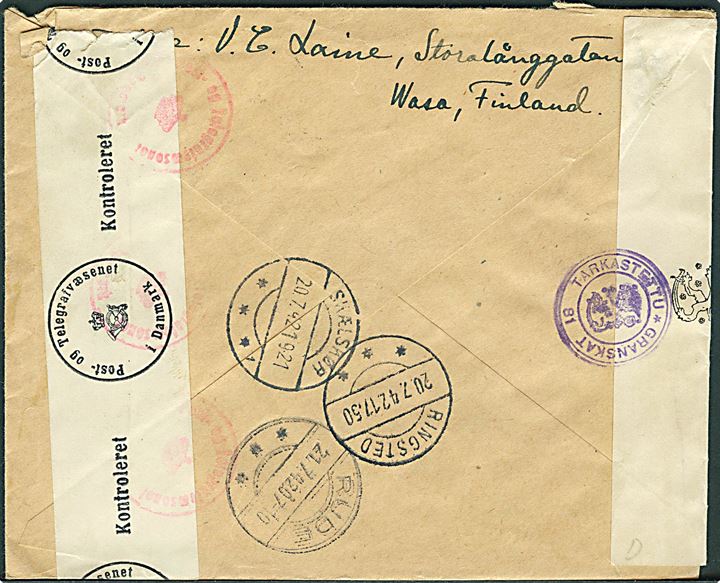 2,75+0,25 mk. Våbenbroderskab og 3,50 mk. Ryti i parstykker på anbefalet brev fra Vaasa d. 15.7.1942 til Ringsted, Danmark - eftersendt til Rude Strand. Åbnet af både finsk og dansk censur.
