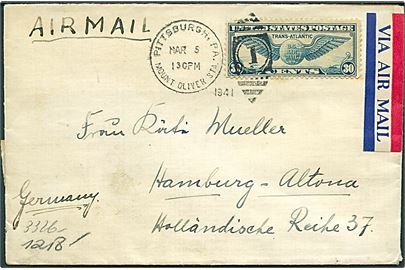 30 cents Winged Globe på luftpostbrev fra Pittsburgh d. 5.3.1941 til Hamburg, Tyskland. Åbnet af tysk censur i Frankfurt.