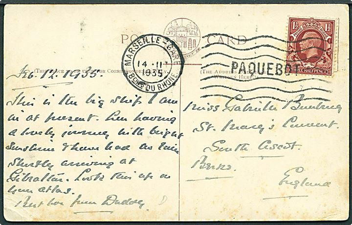 1½d George V på brevkort (P. & O. line. S/S Mooltan) annulleret med fransk skibsstempel i Marseille - Gare/Paquebot d. 14.2.1935 til St. Mary, England.