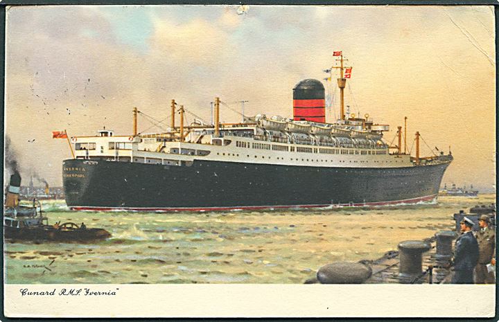 2½d Elizabeth på brevkort (Cunard Line. R.M.S. Ivernia) annulleret med fransk skibsstempel Le Havre / Paquebot d. 4.6.1958 til England.