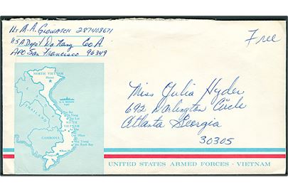 Ufrankeret illustreret Free mail brev fra soldat ved USA Depot Da Nang, Vietnam APO San Francisco 96349 til Atlanda, USA.