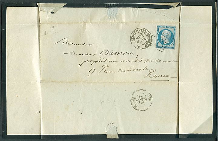 20 c. Napoleon utakket på sørgebrev annulleret med nr.stempel 2243 og sidestemplet Neufchatel d. 20.8.1861 til Rouen.