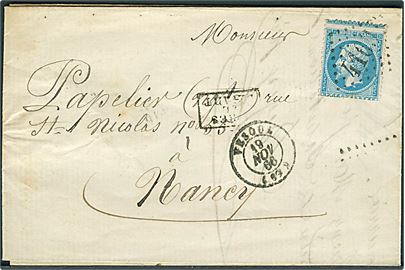 20 c. Napoleon skævt centreret på brev annulleret med nr.stempel 4169 og sidestemplet Vesoun d. 19.11.1866 til Nancy.