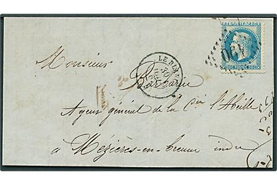 20 c. Napoleon på brev annulleret med nr.stempel 490 og sidestemplet Le Blanc d. 30.7.1867 til Mezieres en Brenne.