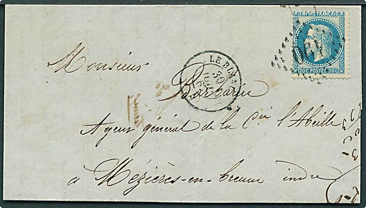 20 c. Napoleon på brev annulleret med nr.stempel 490 og sidestemplet Le Blanc d. 30.7.1867 til Mezieres en Brenne.
