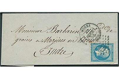 20 c. Napoleon på brev annulleret med svagt nr.stempel fra Limoges d. 19.2.1864 til Mezieres en Brenne.