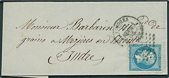 20 c. Napoleon på brev annulleret med svagt nr.stempel fra Limoges d. 19.2.1864 til Mezieres en Brenne.