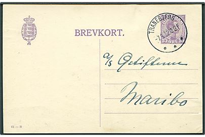 15 øre Chr. X helsagsbrevkort (fabr. 61-H) annulleret med pænt brotype IIIb Tranebjerg d. 7.9.1922 til Maribo.