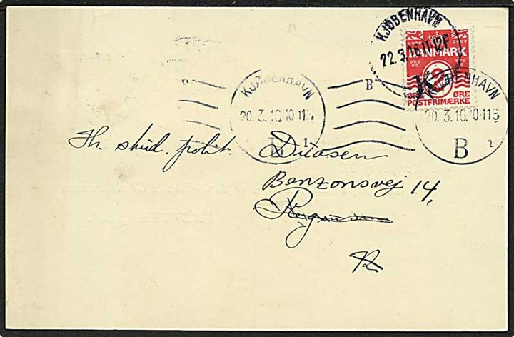 2 øre Bølgelinie single på lokalt tryksags-brevkort stemplet Kjøbenhavn d. 20.3.1916 - eftersendt.
