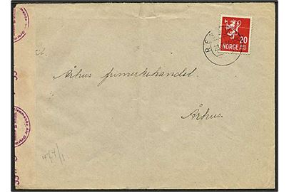 20 øre Løve på brev fra Rensvik d. 23.3.1944 til Århus, Danmark. Åbnet af tysk censur i Oslo.